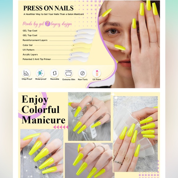 BUNDLE ANY 3 FOR $25 NEON YELLOW color - Press on Gel Nails- New Set 💅 - Picture 4 of 7